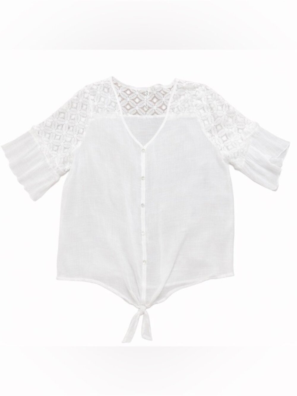 White Lace Sheer Boho Blouse Tie Front V Neck Lightweight Top
